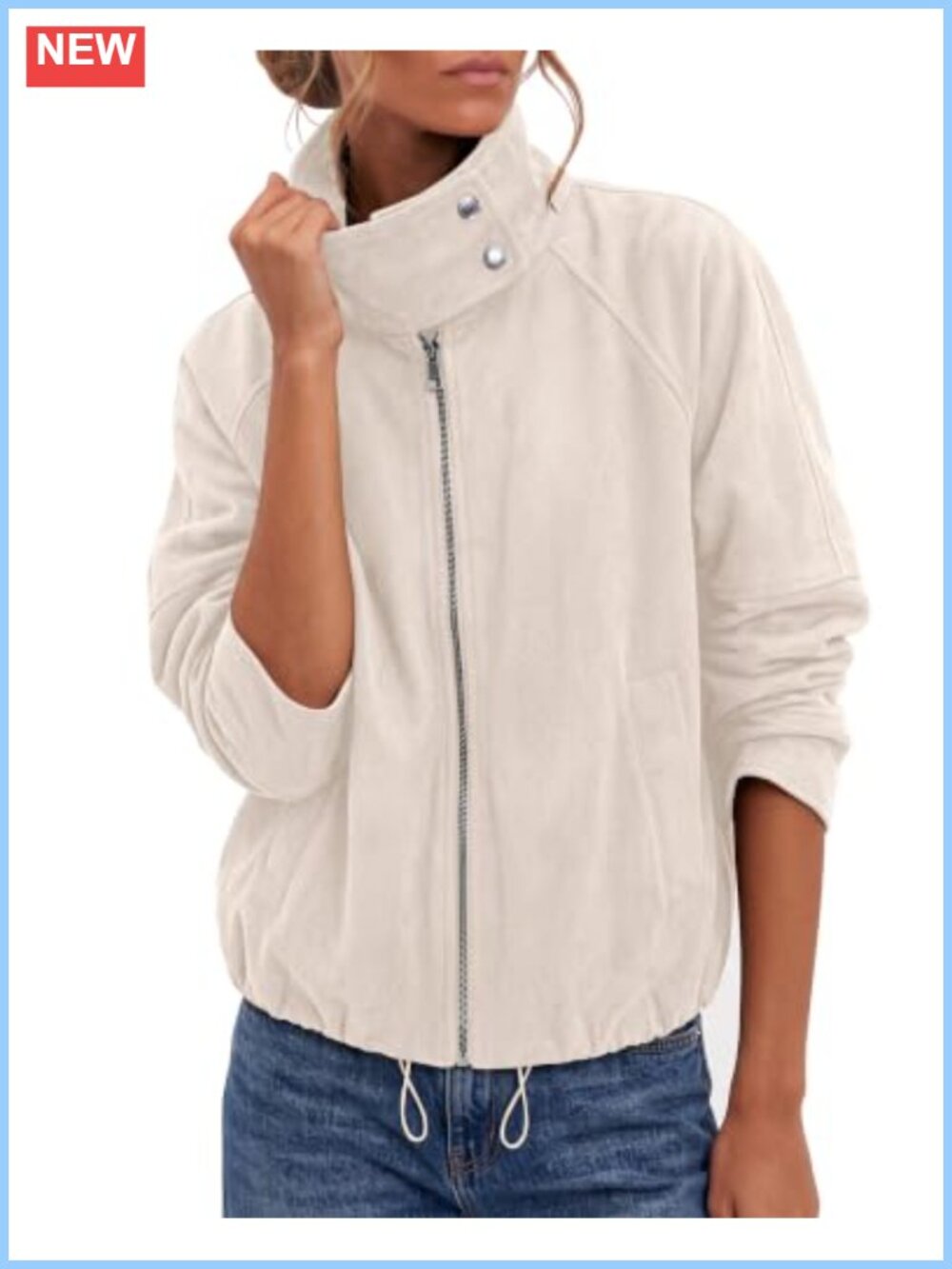 Faux Suede Cropped Funnel Neck Zip Up Jacket Women Oversized Casual Coat